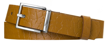 Ciekawy skórzany pasek damski ze srebrną klamrą, wzór gadziej skóry — Rovicky