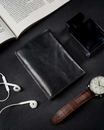 Pionowy portfel męski bez zapięcia z błyszczącej skóry naturalnej — Rovicky