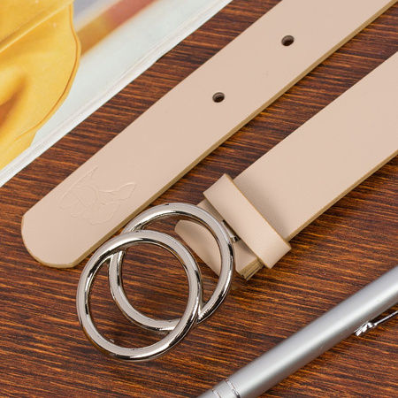 Beżowy pasek damski skórzany ze srebrną okrągłą klamrą