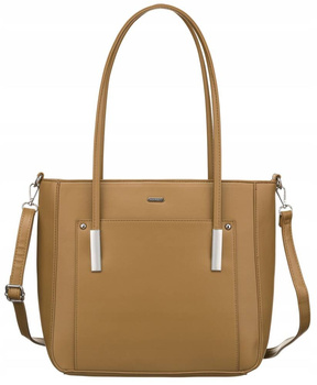 Elegancka duża torba do pracy damska A4, z dodatkowym paskiem. Beżowa