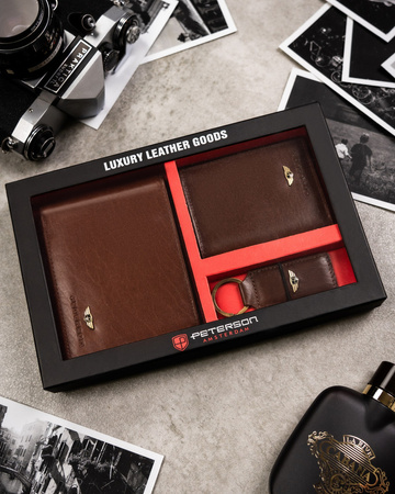 Zestaw męski na prezent: brązowy portfel, etui na karty i brelok. Skóra