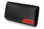 Czarny Skórzany portfel damski duży poziomy na suwak, z ochroną RFiD