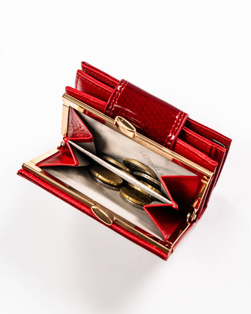 Lakierowany mały skórzany portfel damski CZERWONY. Zatrzask RFID Wzór.