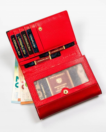 Czarny portfel skórzany z portmonetką i okienkiem. RFID