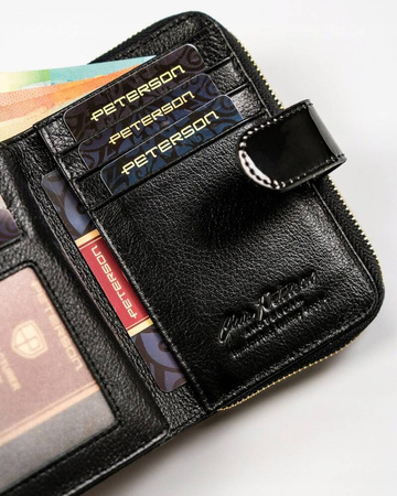 Czarny portfel damski pionowy. Skóra naturalna z ochroną RFID