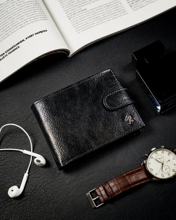 Poziomy portfel męski z zapięciem na zatrzask i schowkiem, RFID — Rovicky