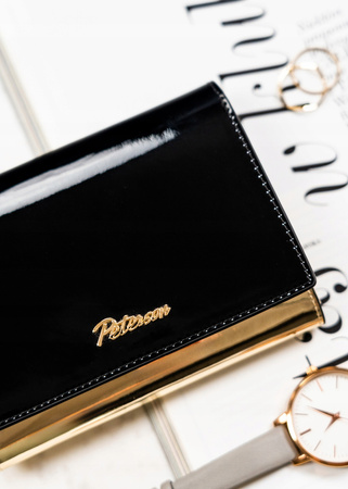 Lakierowany portfel czarny i złoty. Portmonetka i okienko. Skóra RFID