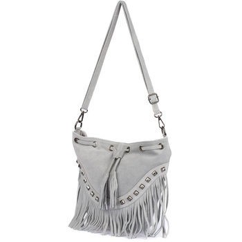 Jasno szara Damska Torebka Worek Skóra Zamsz Frędzle Włoska Boho