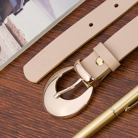 Beżowy pasek damski skórzany. Złota klamra. 105 cm.