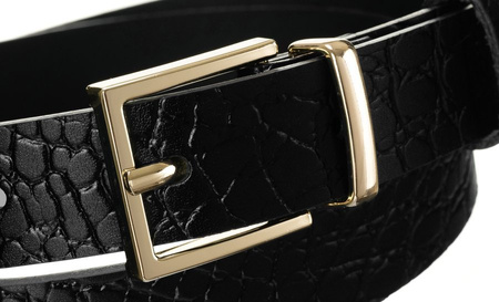 Ciekawy skórzany pasek damski ze złotą klamrą, wzór gadziej skóry — Rovicky