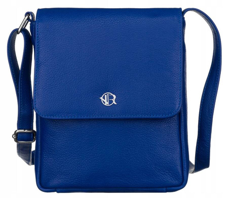 Niebieska mała skórzana torebka listonoszka. Klapka.