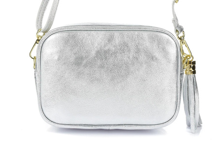 Srebrna włoska skórzana listonoszka z frędzlem