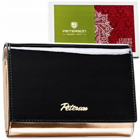 Czarny portfel ze złotymi wstawkami. Lakierowana Skóra RFID