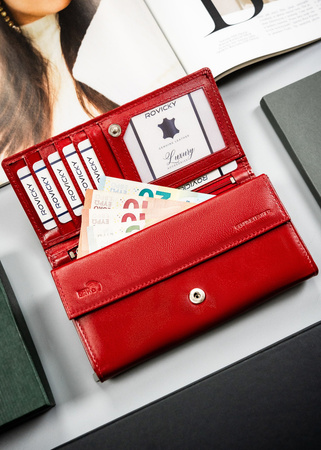 Skórzany portfel damski czerwony duży poziomy na zatrzask