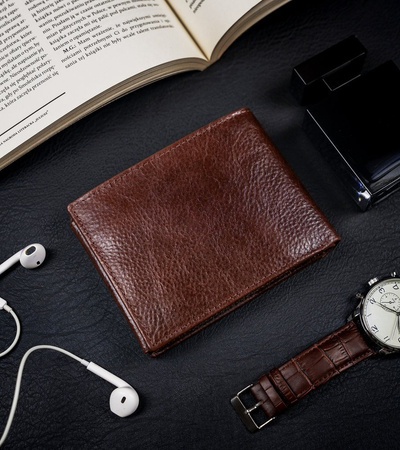 Klasyczny portfel męski poziomy z naturalnej skóry z technologią RFID— Rovicky