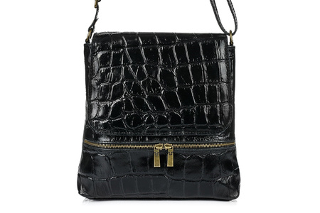 Włoska skórzana torebka damska listonoszka czarna. Wzór CROCO.