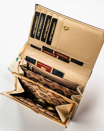 Beżowy portfel skórzany z portmonetką i okienkiem. RFID