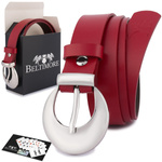 Skórzany pasek damski CZERWONY. Srebrna klamra. 115 cm.