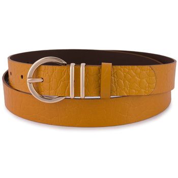 Pasek damski skórzany ze złotą okrągłą klamrą ŻÓŁTY. Skóra croco.