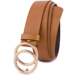 Brązowy pasek damski skórzany ze złotą okrągłą klamrą. Camel 