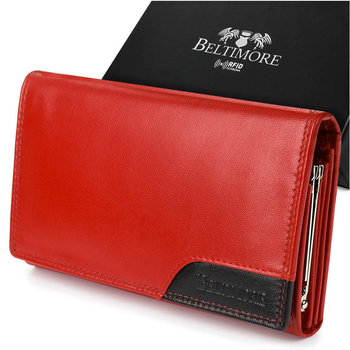 Damski skórzany portfel duży poziomy z biglem RFiD czerwony BELTIMORE 038