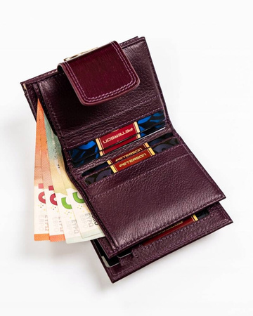 Lakierowany mały skórzany portfel damski FIOLETOWY na zatrzask. RFID.