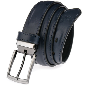 Granatowy pasek męski do spodni, skórzany z klasyczną klamrą
