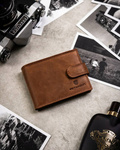 Zestaw prezentowy męski: skórzany portfel i brelok - jasny brąz