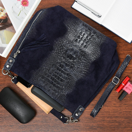 Granatowa duża torebka skórzana shopperka croco