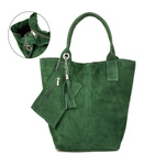	Duża torebka damska A4 na ramię. Zielona skóra zamszowa shopperka