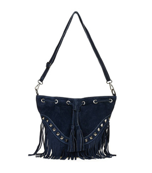 Modna Skórzana Zamszowa torebka worek w stylu boho z frędzlami Granat
