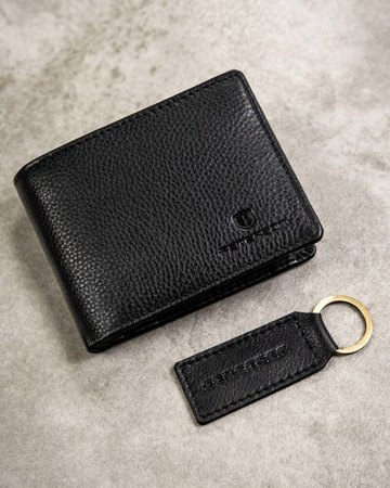 Zestaw prezentowy męski: skórzany, czarny portfel i skórzany brelok