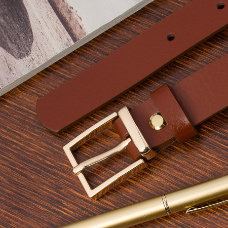 Brązowy pasek damski skórzany. Złota klamra. 120 cm.