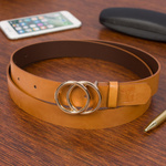 Brązowy pasek damski skórzany ze złotą okrągłą klamrą. Camel 