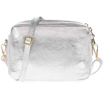 Mała srebrna torebka damska na ramie - skórzana
