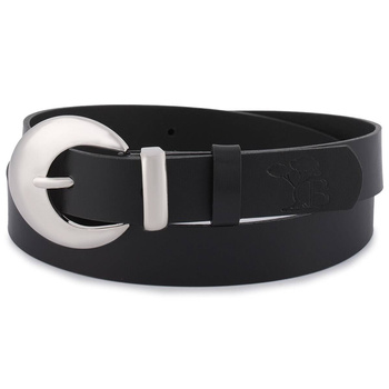 Skórzany pasek damski CZARNY. Srebrna klamra. 115 cm.