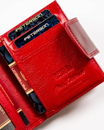 Lakierowany mały skórzany portfel damski CZERWONY. Zatrzask RFID Wzór.