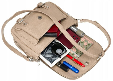 Beżowa torebka damska listonoszka na ramię. Suwak. Ciemny beżowy