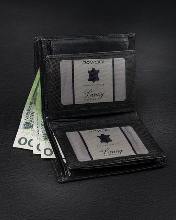 Pionowy portfel męski bez zapięcia z błyszczącej skóry naturalnej — Rovicky