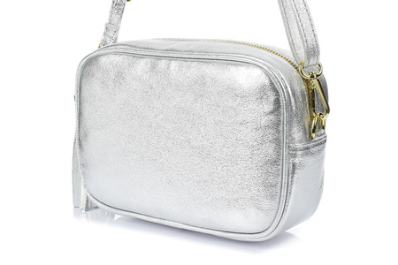 Srebrna włoska skórzana listonoszka z frędzlem