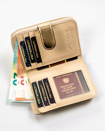 Złoty portfel damski pionowy. Skóra naturalna z ochroną RFID