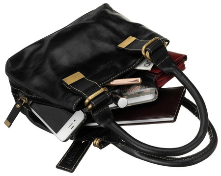 Trzykomorowa czarna torebka kuferek skóra licowa