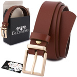 Brązowy pasek damski skórzany. Złota klamra. 95 cm.