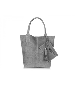 Skórzana Duża Torebka Damska Ze Skóry Zamszowej Szara