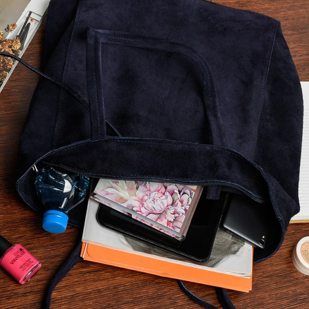 Torebka damska worek z troczkami A4 skórzana zamsz