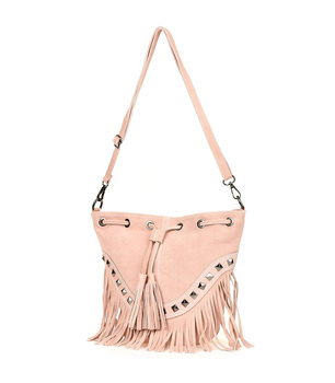 Skórzana Zamszowa torebka worek w stylu boho z frędzlami Pudrowo Różowa