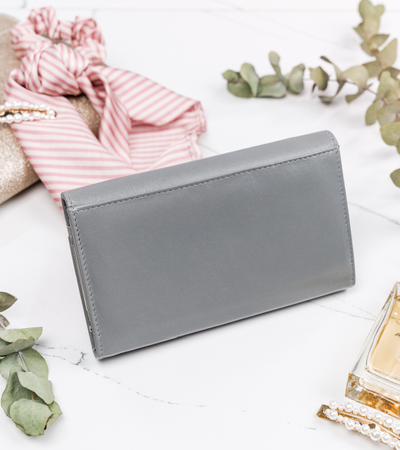 Lekki SZARY portfel damski ze skóry koziej RFID