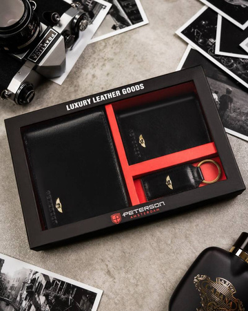 Zestaw męski na prezent: poziomy portfel, etui na karty i brelok