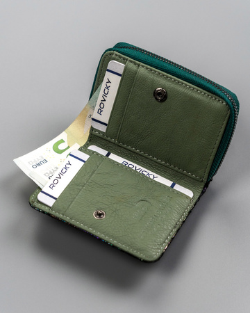Mały skórzany portfel damski zielony w kwiaty RFID