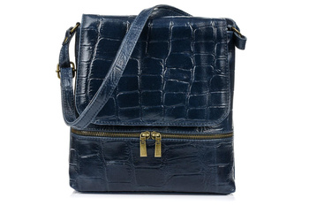 Włoska skórzana torebka damska listonoszka granatowa. Wzór CROCO.